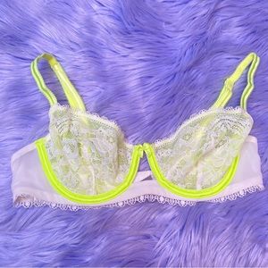 Victoria’s Secret Neon Yellow & White Lace Underwire Unlined Balconet Bra